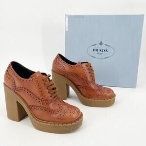 Prada Terracotta Leather Brogue Lace Up Chunky Platform Block Heel Shoes IT 39.5